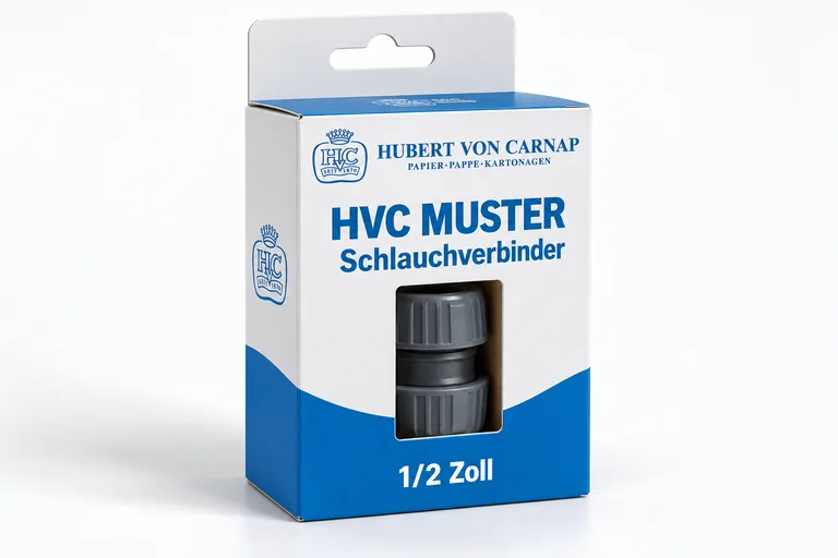 Konzeptvisualisierung einer weiß-blauen HvC-Hängebox für einen Schlauchverbinder mit offenem Produktausschnitt.