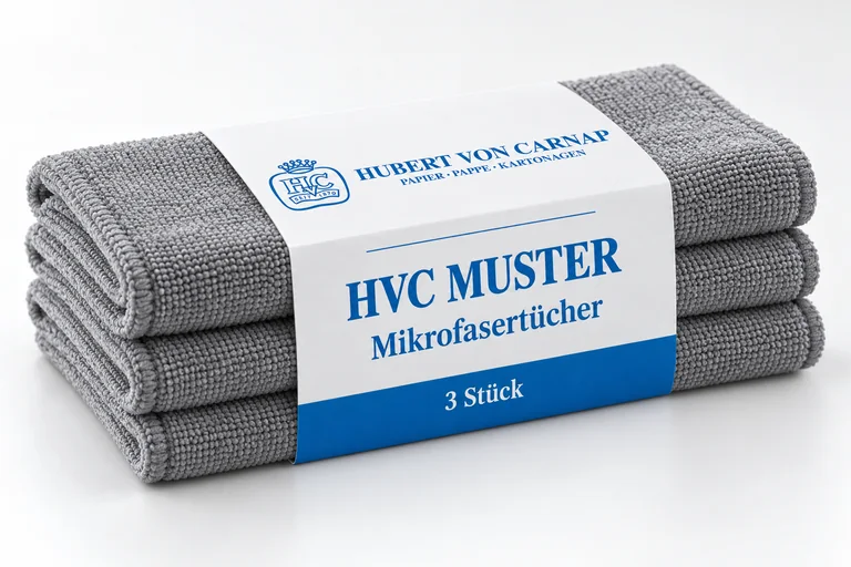 Konzeptvisualisierung einer bedruckten HvC-Kartonbanderole um drei gefaltete graue Mikrofasertücher.